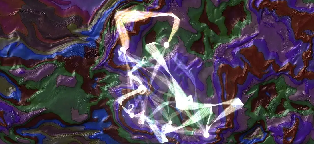Living Music World test frame: a white light path over a violet and green field