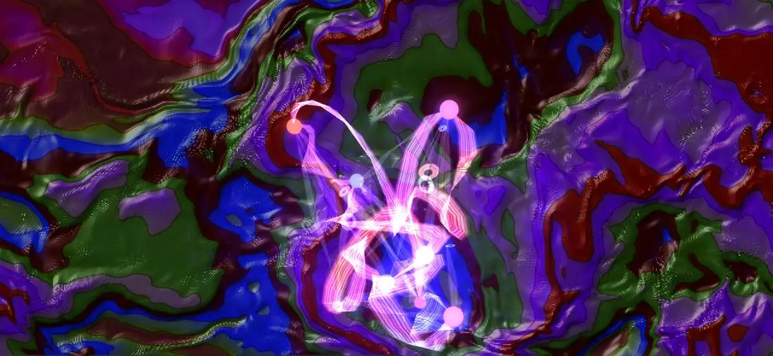 Living Music World test frame: bright ribbons of light knotted over a deep purple, blue, and red field