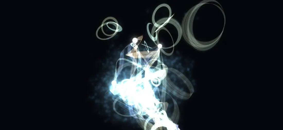 Living Music World test frame: white light trails and rings on black