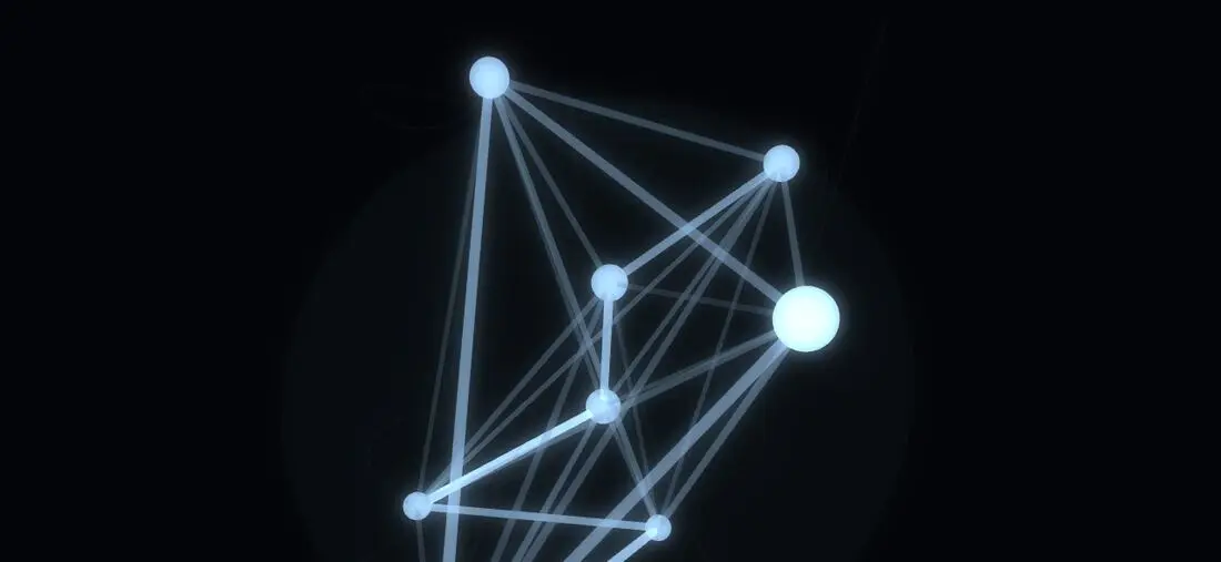 Living Music World test frame: a glowing constellation of connected points on black