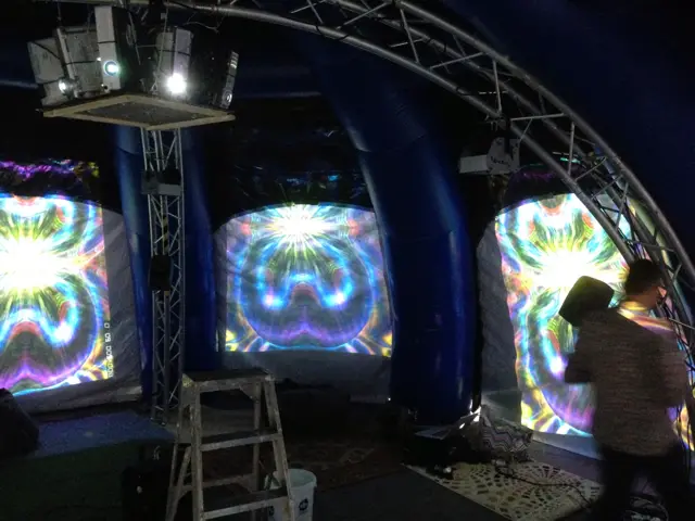Psychedelic Bubble-Dome: inside the dome: three screens of kaleidoscopic projections under a steel arch, a visitor walking past