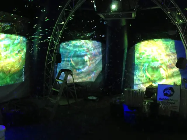 Psychedelic Bubble-Dome: inside the dome: bubbles drifting in front of three screens of green and gold projections