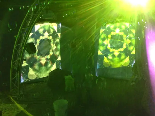 Psychedelic Bubble-Dome: bubbles and green light in front of two screens of yellow kaleidoscopic patterns