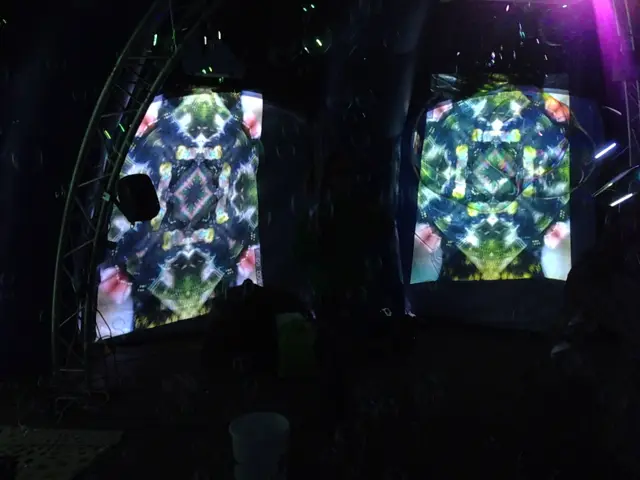 Psychedelic Bubble-Dome: two screens of blue and white kaleidoscopic patterns inside the darkened dome