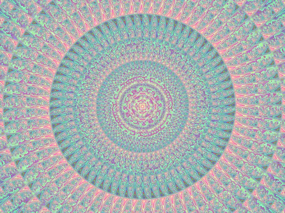 Rose Window: a circular generative image of concentric bands in pink, periwinkle, mint, and orchid